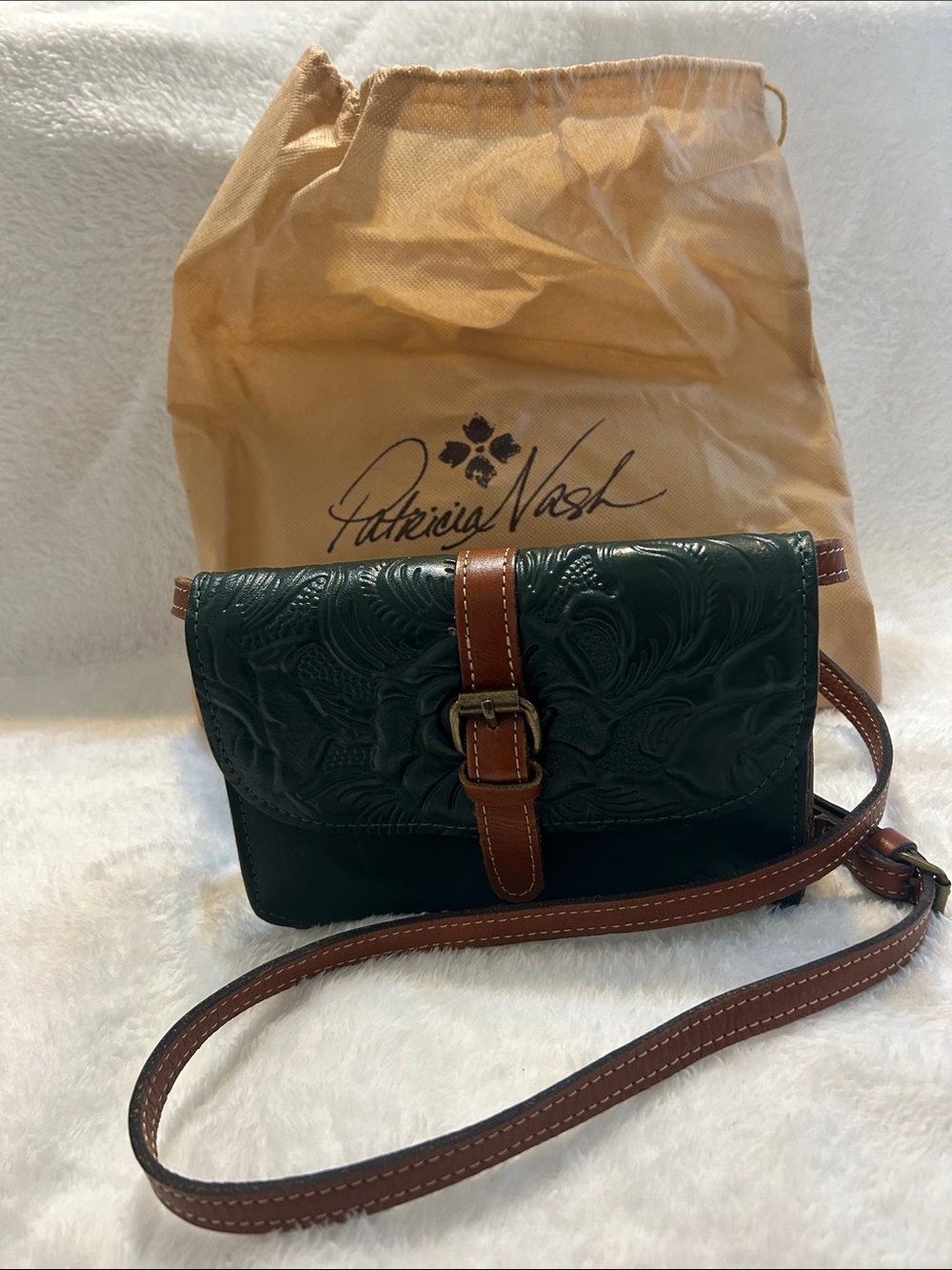 Patricia Nash Green Tooled Leather Crossbody with Brown Strap